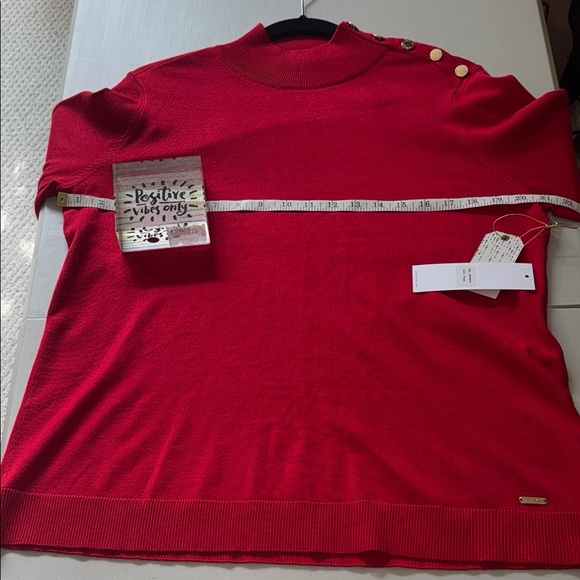 Calvin Klein Red Faux Turtleneck Sweater with Gold Buttons - Picture 5 of 8